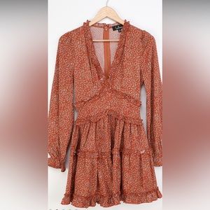 Admire You Orange Floral Print Ruffled Long Sleeve Mini Dress